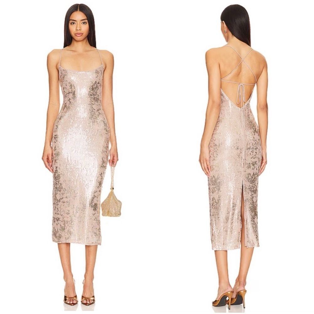 NEW NBD Jobelle Sequin Midi Dress in Taupe